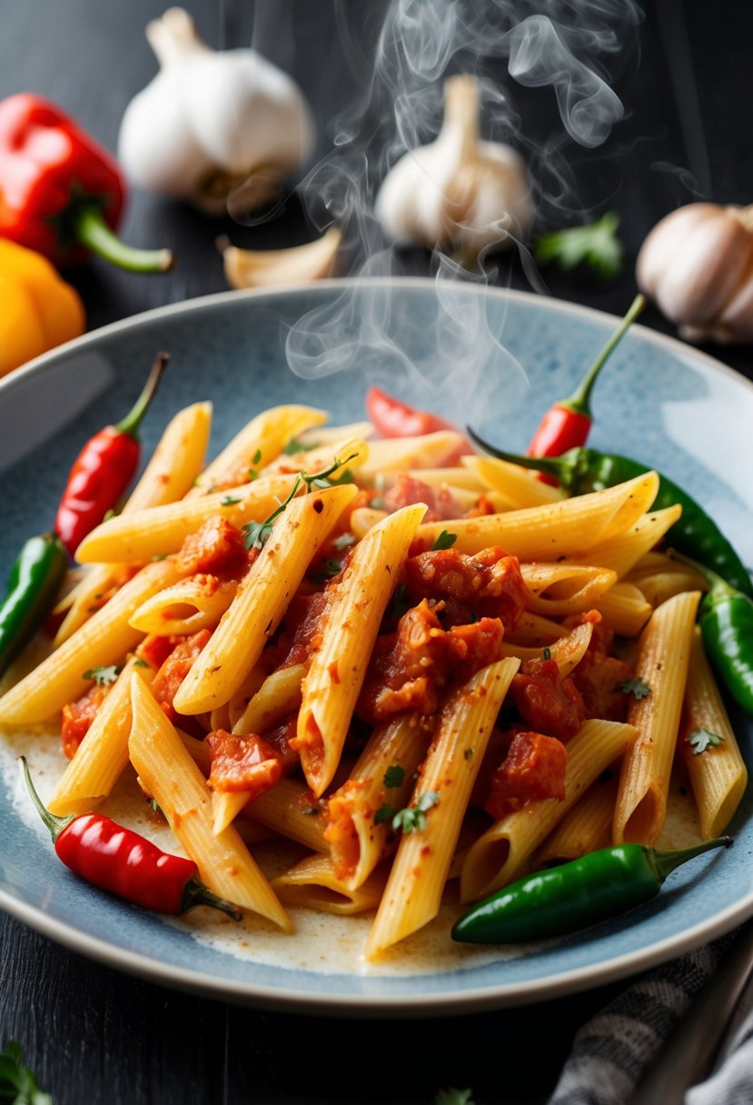 A steaming plate of penne arrabbiata surrounded by chili peppers and garlic cloves