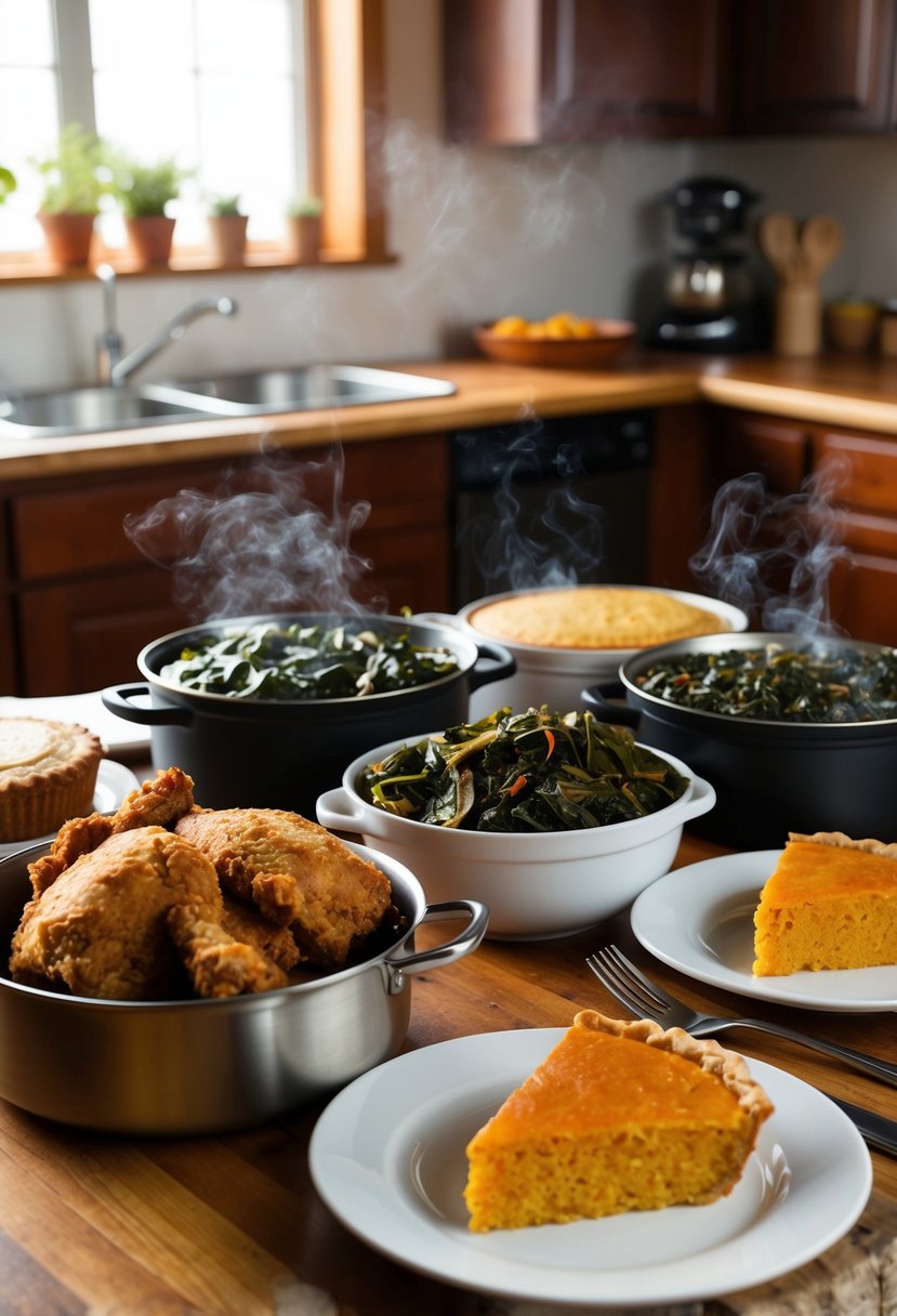 A table set with steaming pots of collard greens, fried chicken, cornbread, and sweet potato pie. A warm, inviting kitchen with the aroma of soul food recipes