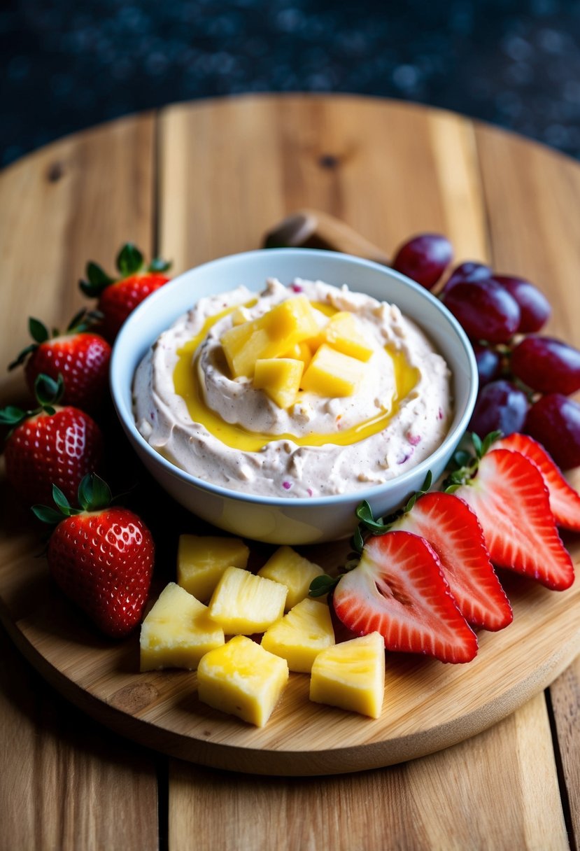 A bowl of creamy fruit dip surrounded by sliced strawberries, pineapple chunks, and grapes on a wooden serving board