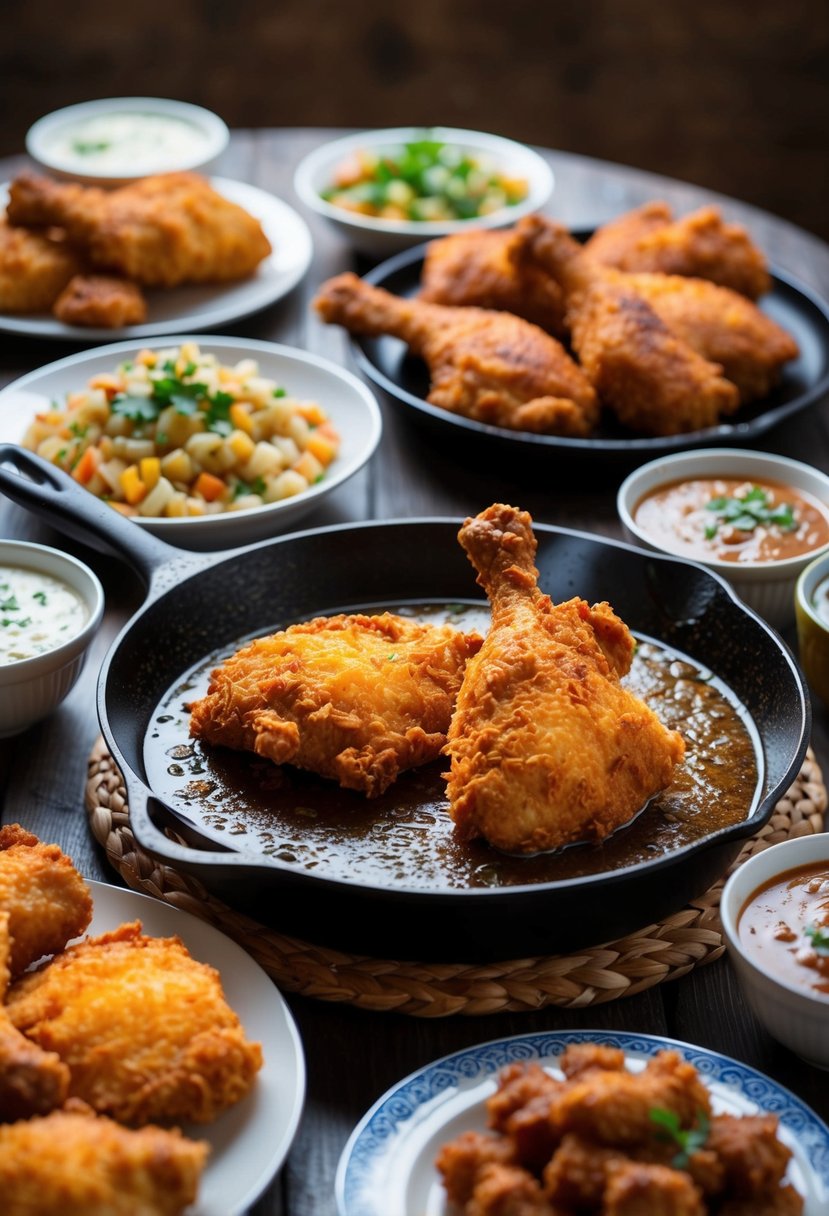 A cast iron skillet sizzling with golden-brown Southern Fried Chicken, surrounded by a spread of traditional soul food dishes