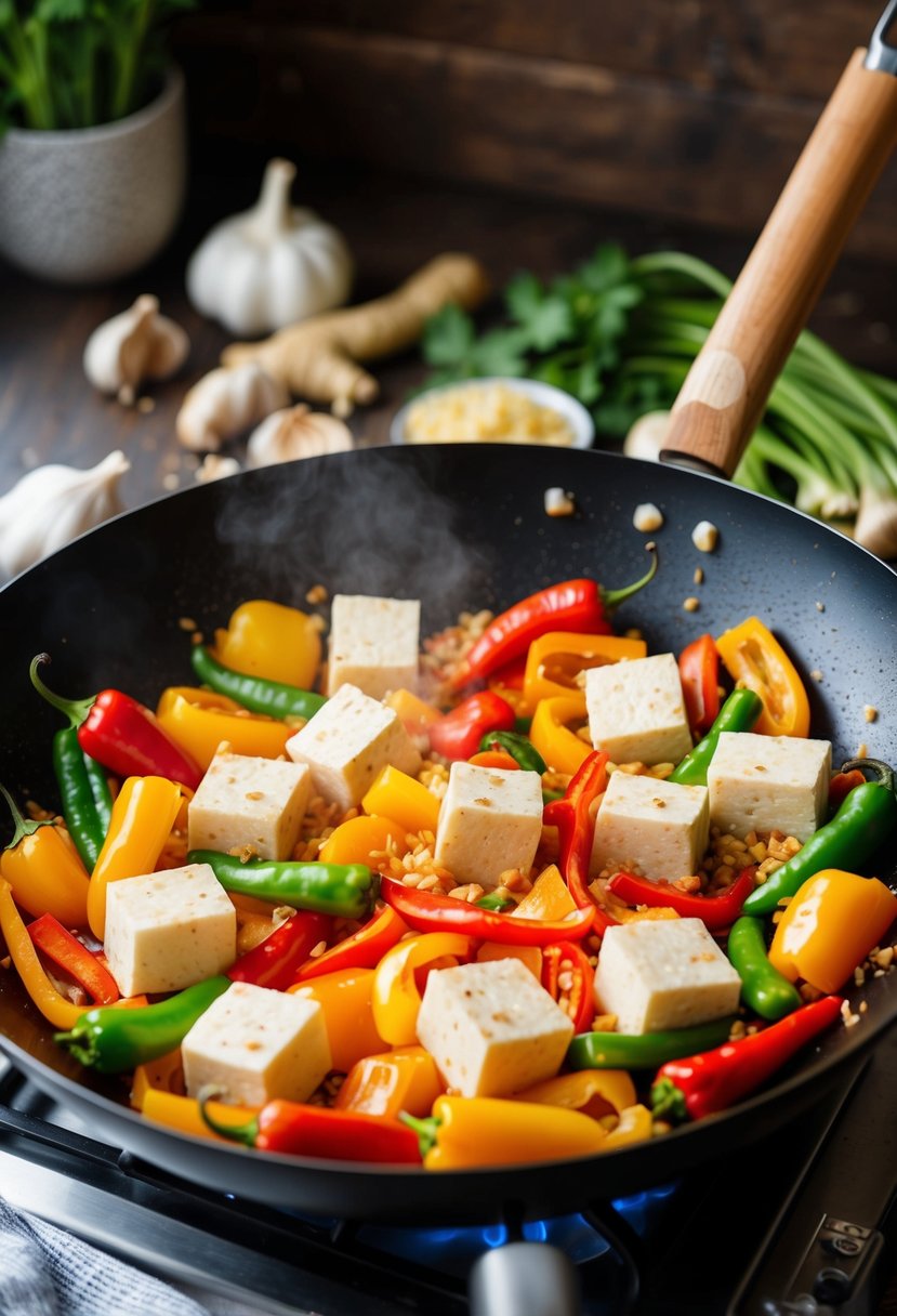 A sizzling wok filled with colorful chunks of tofu, vibrant bell peppers, and sizzling chili peppers, surrounded by aromatic garlic and ginger