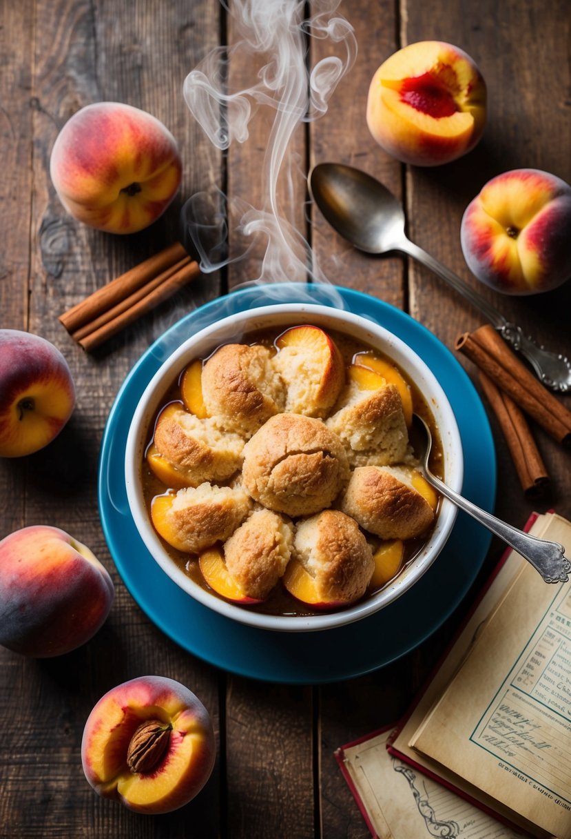 A rustic kitchen table with a steaming peach cobbler, surrounded by fresh peaches, cinnamon sticks, and a vintage recipe book