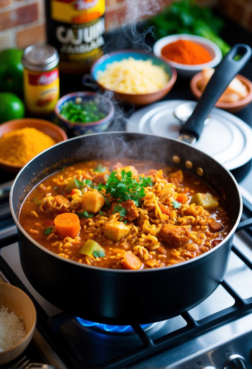 A steaming pot of Cajun Jambalaya simmering on a stove, surrounded by vibrant spices and fresh ingredients