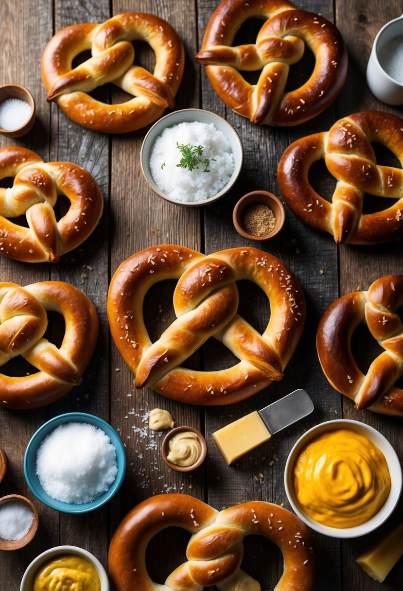 A rustic wooden table with a variety of pretzels, surrounded by ingredients like salt, cheese, and mustard