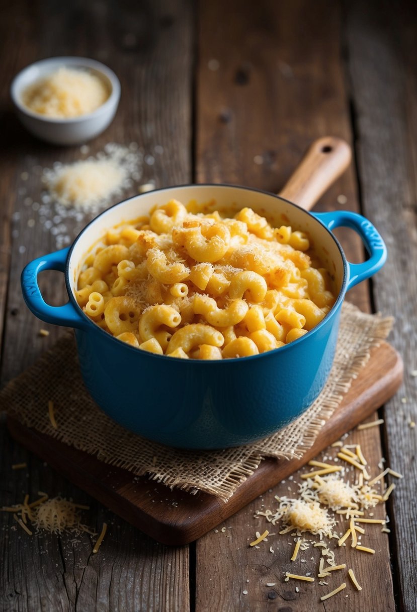 A bubbling pot of creamy macaroni and cheese sits on a rustic wooden table, surrounded by scattered cheese gratings and a sprinkle of breadcrumbs