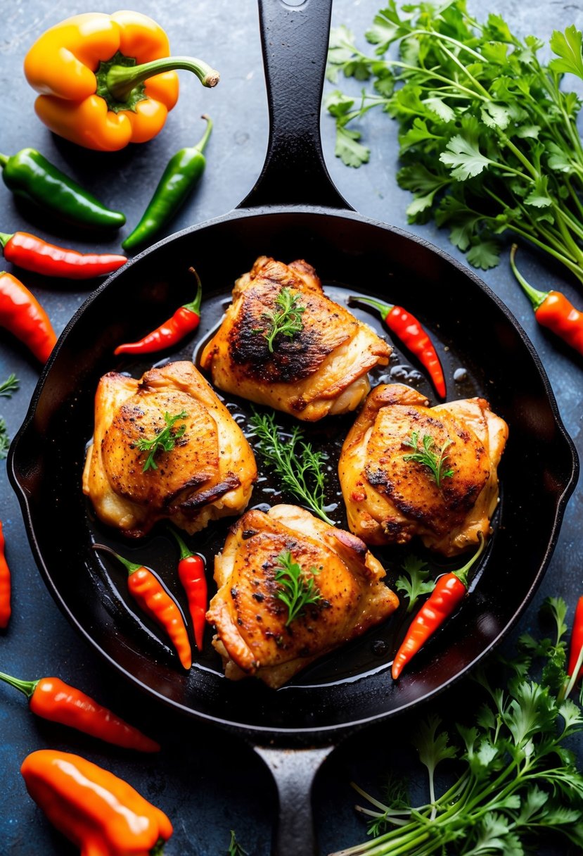 A sizzling skillet of Peri-Peri Chicken Thighs surrounded by vibrant chili peppers and fresh herbs