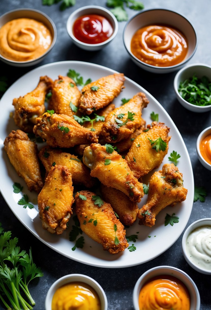 A plate of crispy chicken wings surrounded by various dipping sauces and garnished with fresh herbs