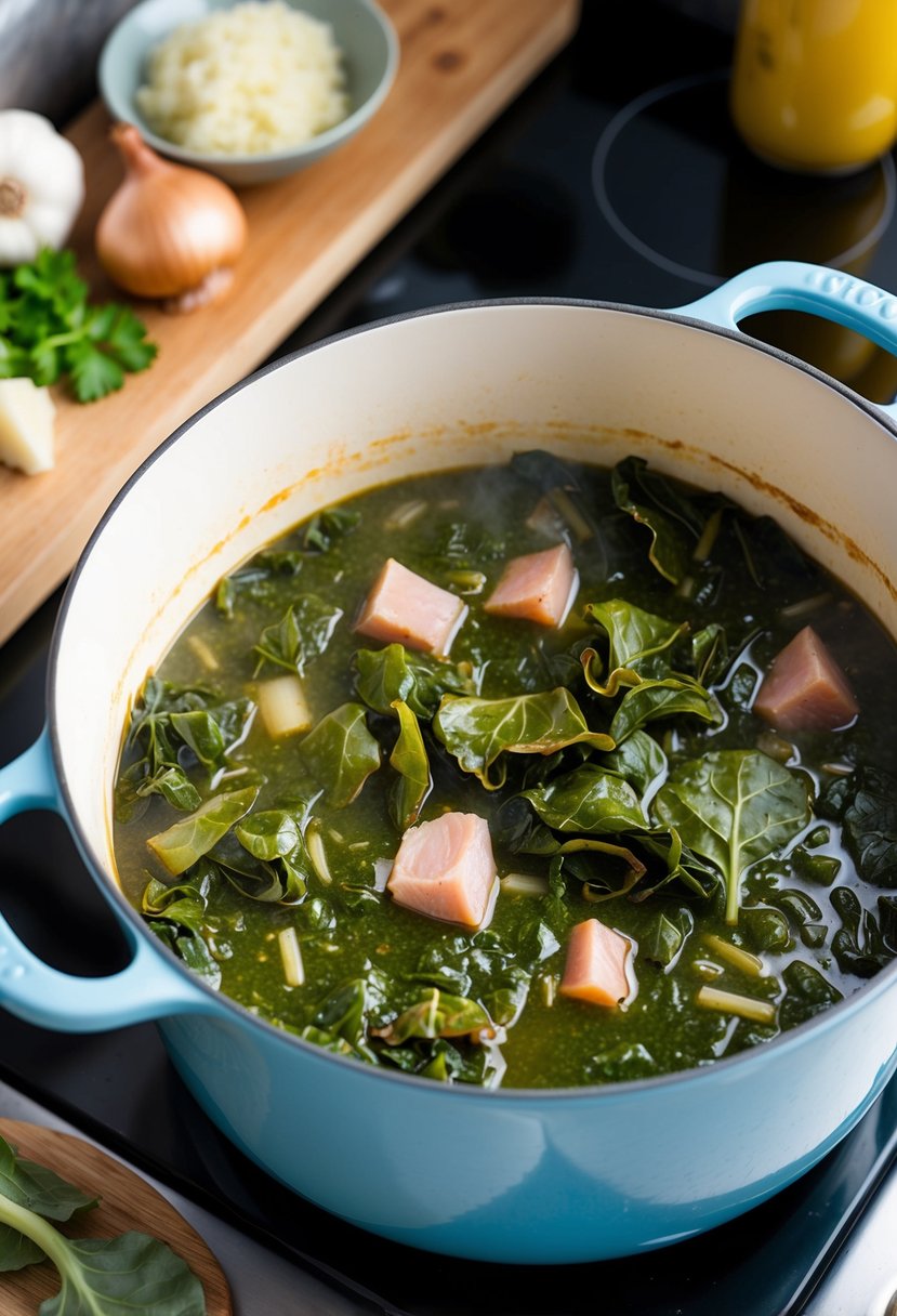 A pot of collard greens simmering on a stove, surrounded by ingredients like smoked ham hock, onions, and garlic