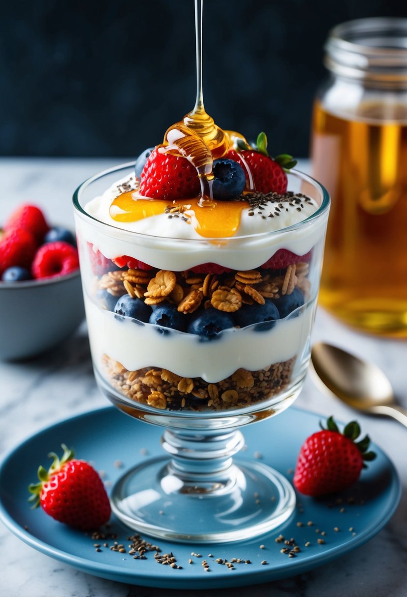 A glass parfait dish filled with layers of granola, yogurt, and fresh berries, topped with a drizzle of honey and a sprinkle of chia seeds