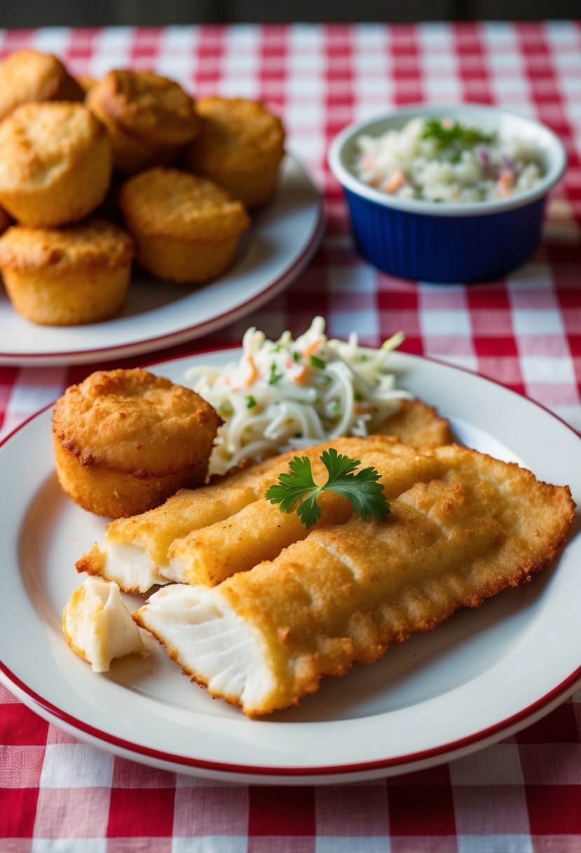 A golden-fried catfish fillet served on a checkered tablecloth with a side of hush puppies and coleslaw