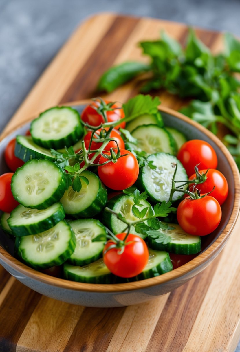 A vibrant bowl of sliced cucumbers and cherry tomatoes, garnished with fresh herbs, laid out on a wooden cutting board