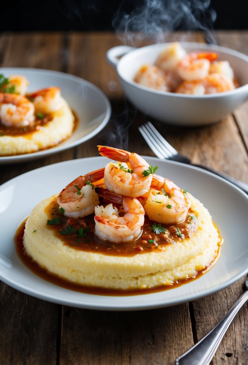 A steaming plate of shrimp and grits, with creamy grits topped with plump, seasoned shrimp and a savory sauce, served on a rustic wooden table