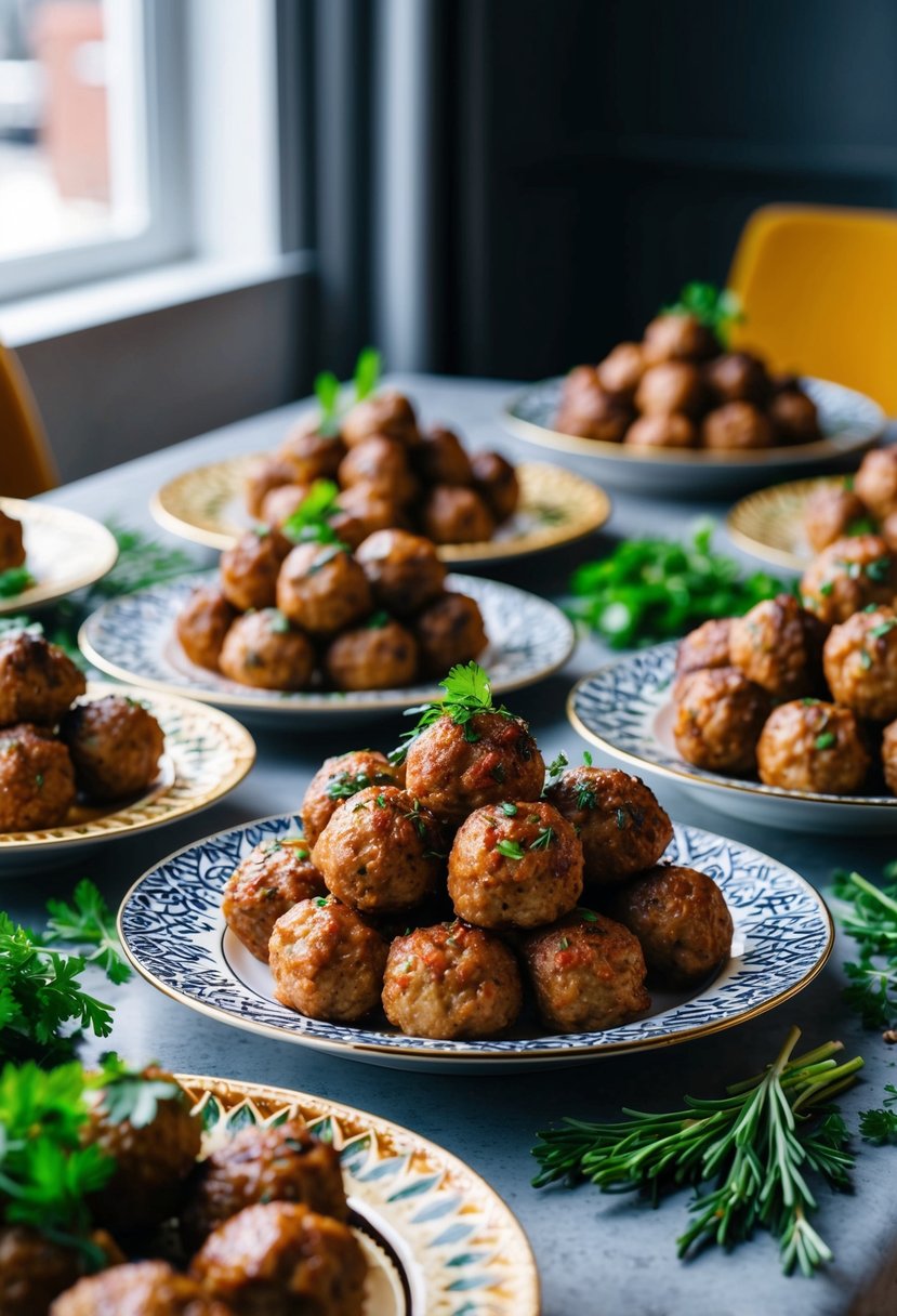 A table with a variety of meatballs arranged on decorative plates, surrounded by fresh herbs and spices