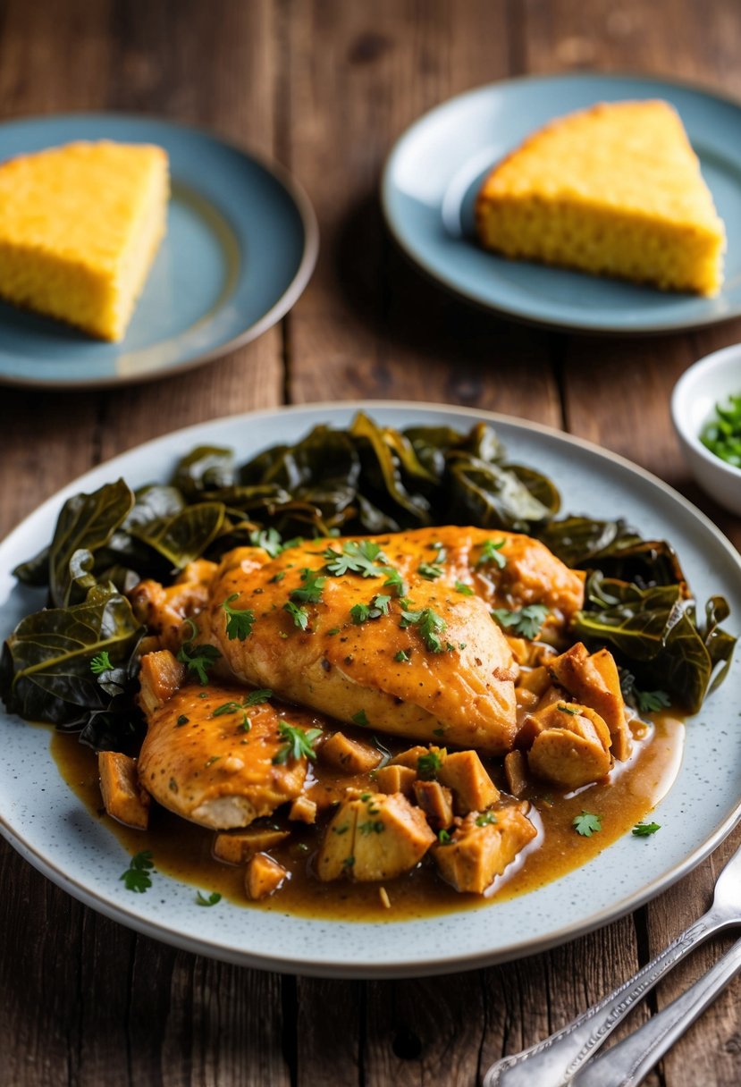 A platter of smothered chicken, surrounded by collard greens and cornbread on a rustic wooden table