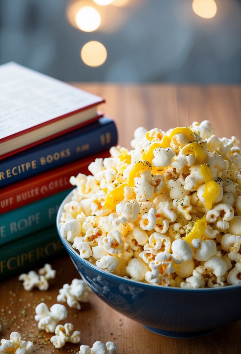 A bowl of freshly popped popcorn, sprinkled with savory seasonings and drizzled with melted butter, sits next to a stack of recipe books