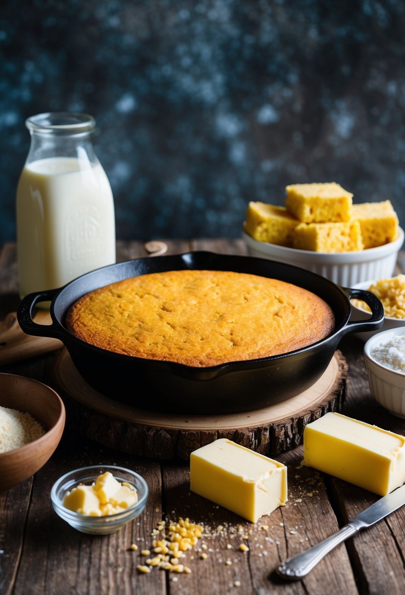 A rustic kitchen with a vintage cast iron skillet filled with golden brown cornbread, surrounded by ingredients like cornmeal, buttermilk, and butter