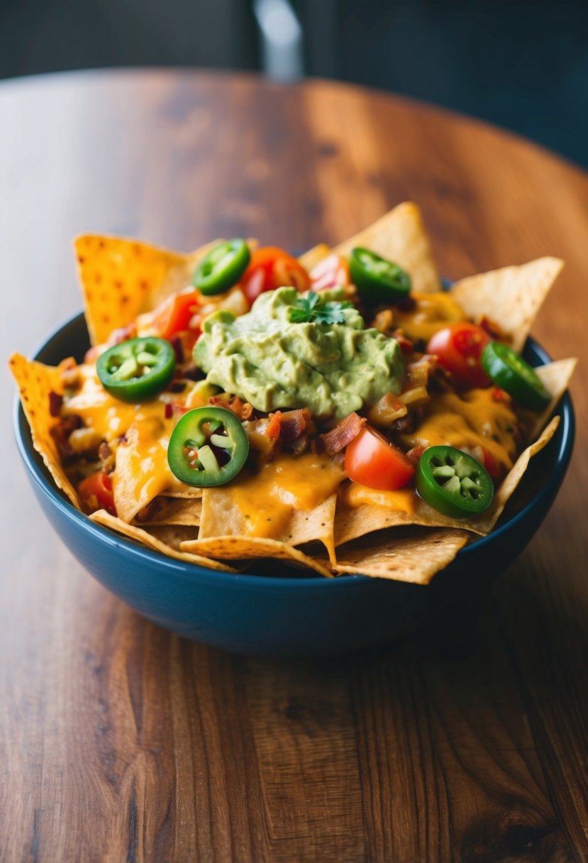 A bowl of loaded nachos with melted cheese, jalapenos, tomatoes, and guacamole on a wooden table