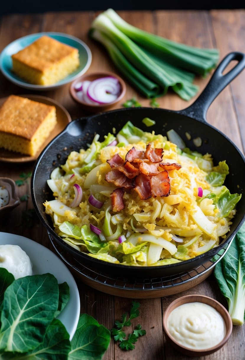 A sizzling skillet of fried cabbage with bacon and onions, surrounded by traditional soul food ingredients like cornbread and collard greens