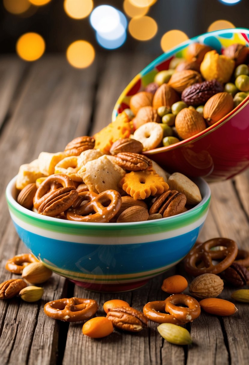 A colorful array of nuts, pretzels, and crackers spilling out of a vibrant bowl onto a wooden table