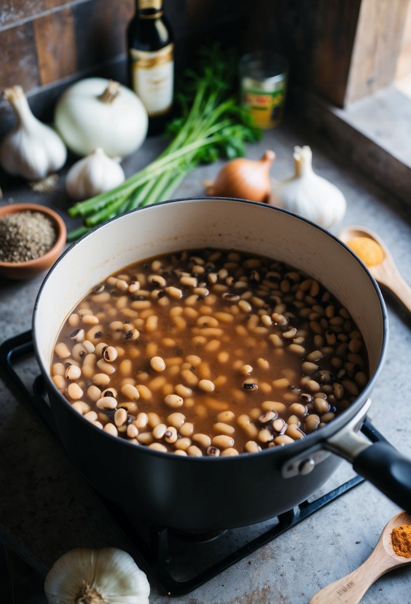 A rustic kitchen counter with a pot simmering black-eyed peas, surrounded by ingredients like onions, garlic, and spices