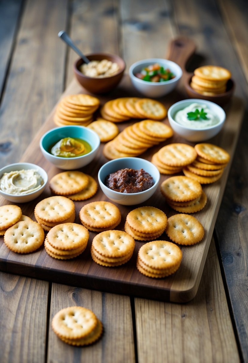 A variety of crackers arranged on a wooden cutting board with small bowls of dips and spreads