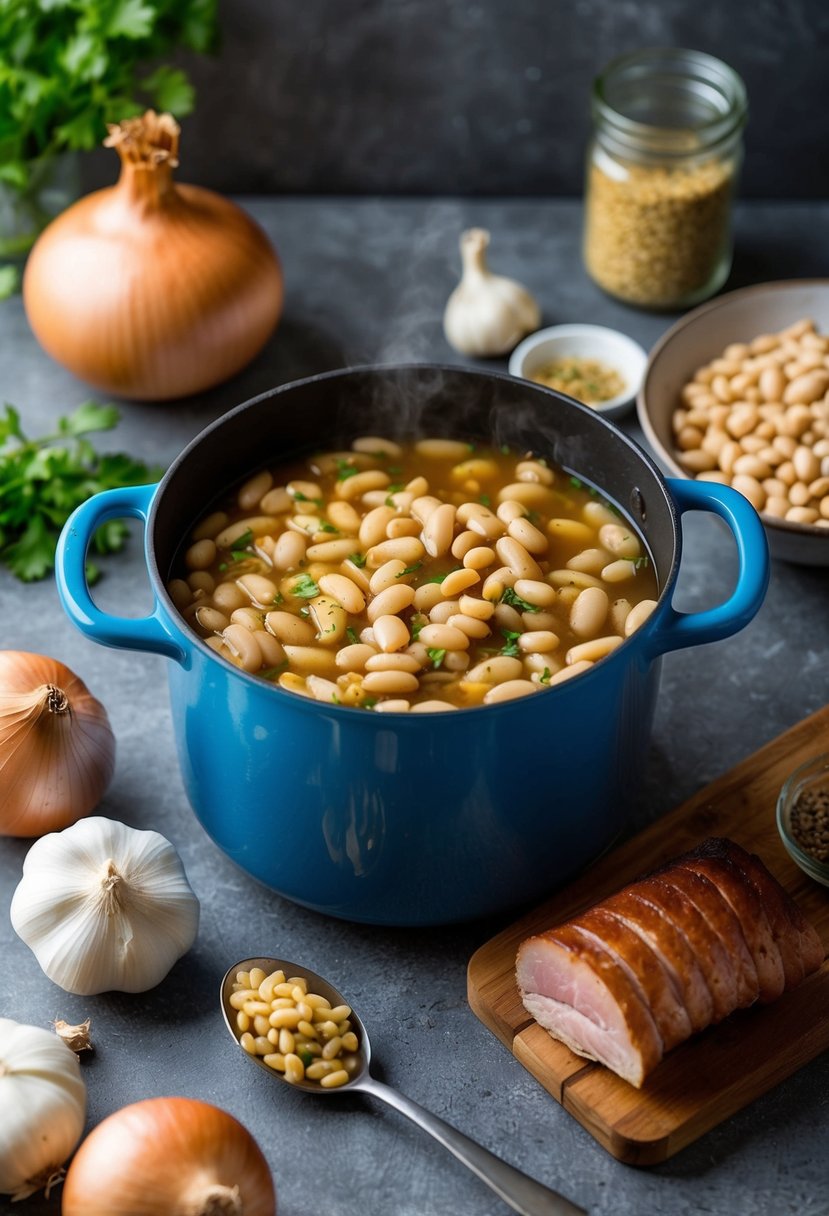 A pot simmering with seasoned lima beans, surrounded by ingredients like onions, garlic, and smoked ham hock on a rustic kitchen counter