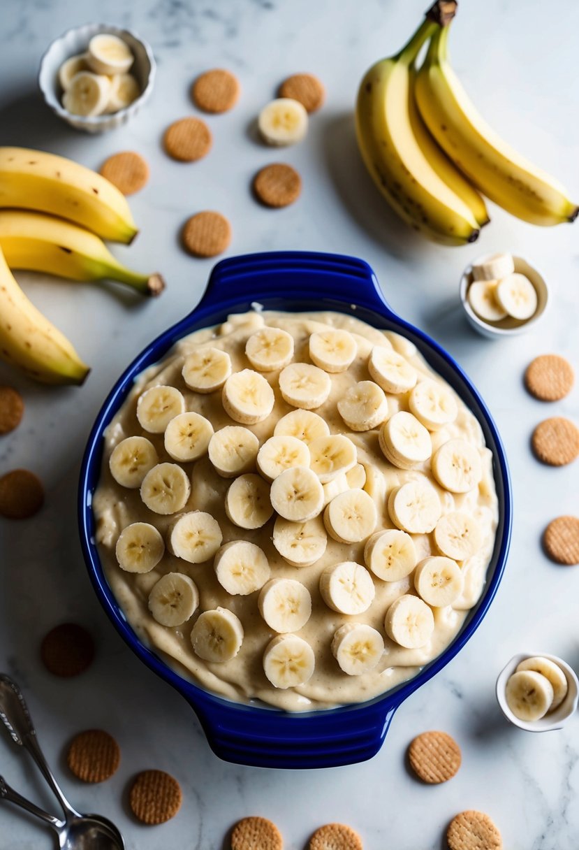 A table set with a large dish of creamy banana pudding surrounded by scattered vanilla wafers and slices of ripe bananas