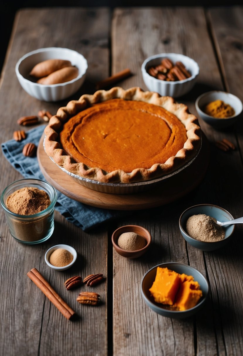 A rustic kitchen table set with a freshly baked sweet potato pie surrounded by ingredients like cinnamon, nutmeg, and pecans