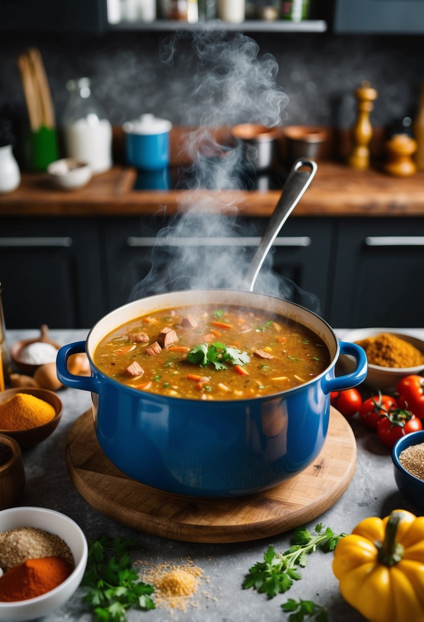 A steaming pot of gumbo surrounded by colorful ingredients and spices on a rustic kitchen counter