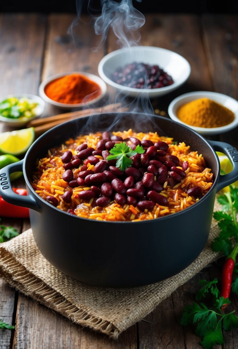 A steaming pot of red beans and rice sits on a rustic wooden table, surrounded by colorful spices and fresh ingredients