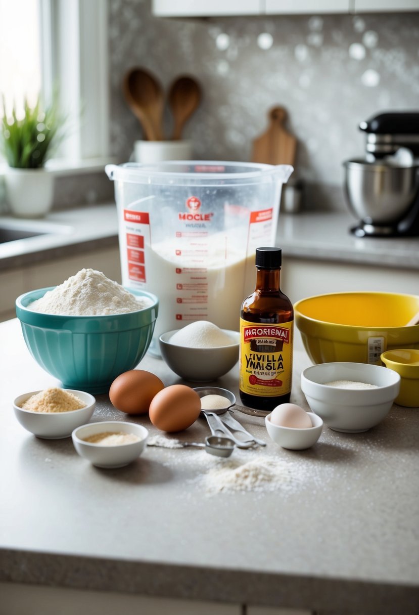 A kitchen counter with an assortment of baking ingredients, including flour, sugar, eggs, and vanilla extract, surrounded by mixing bowls and measuring cups