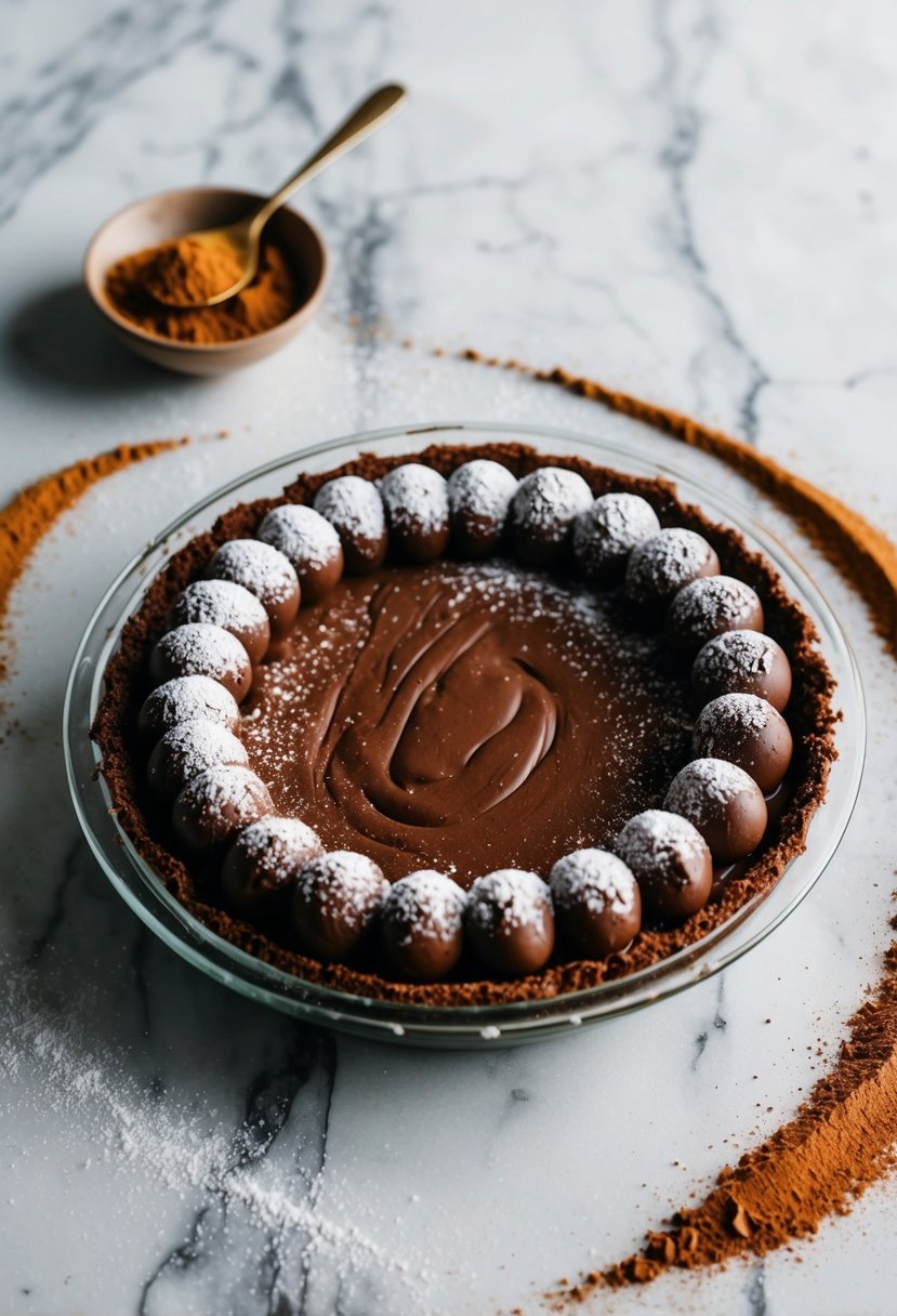 A decadent chocolate fudge pie cooling on a marble countertop, surrounded by scattered cocoa powder and a dusting of powdered sugar