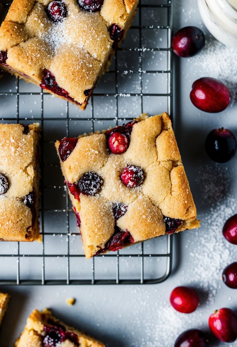 A batch of Salted Brown Butter Cranberry Cookie Bars cooling on a wire rack, surrounded by scattered cranberries and a dusting of powdered sugar