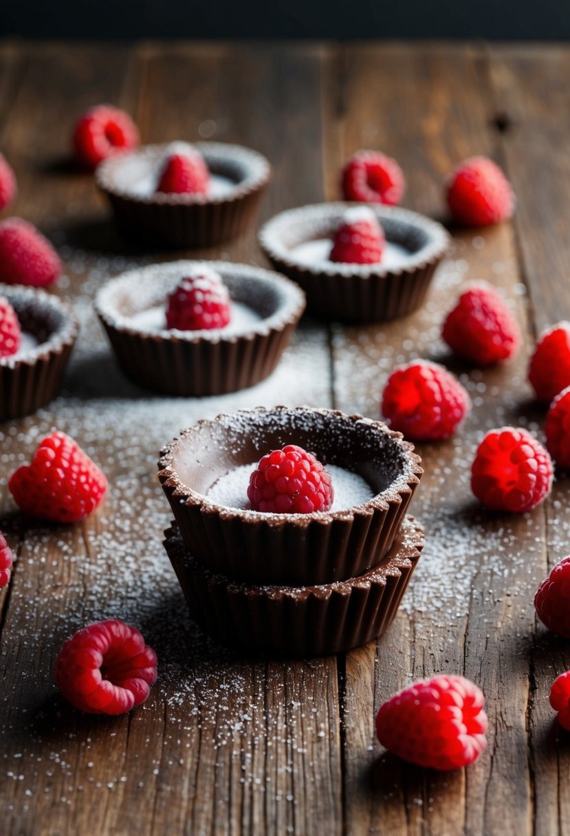 A rustic wooden table adorned with dark chocolate raspberry tarts, surrounded by fresh raspberries and sprinkled with powdered sugar