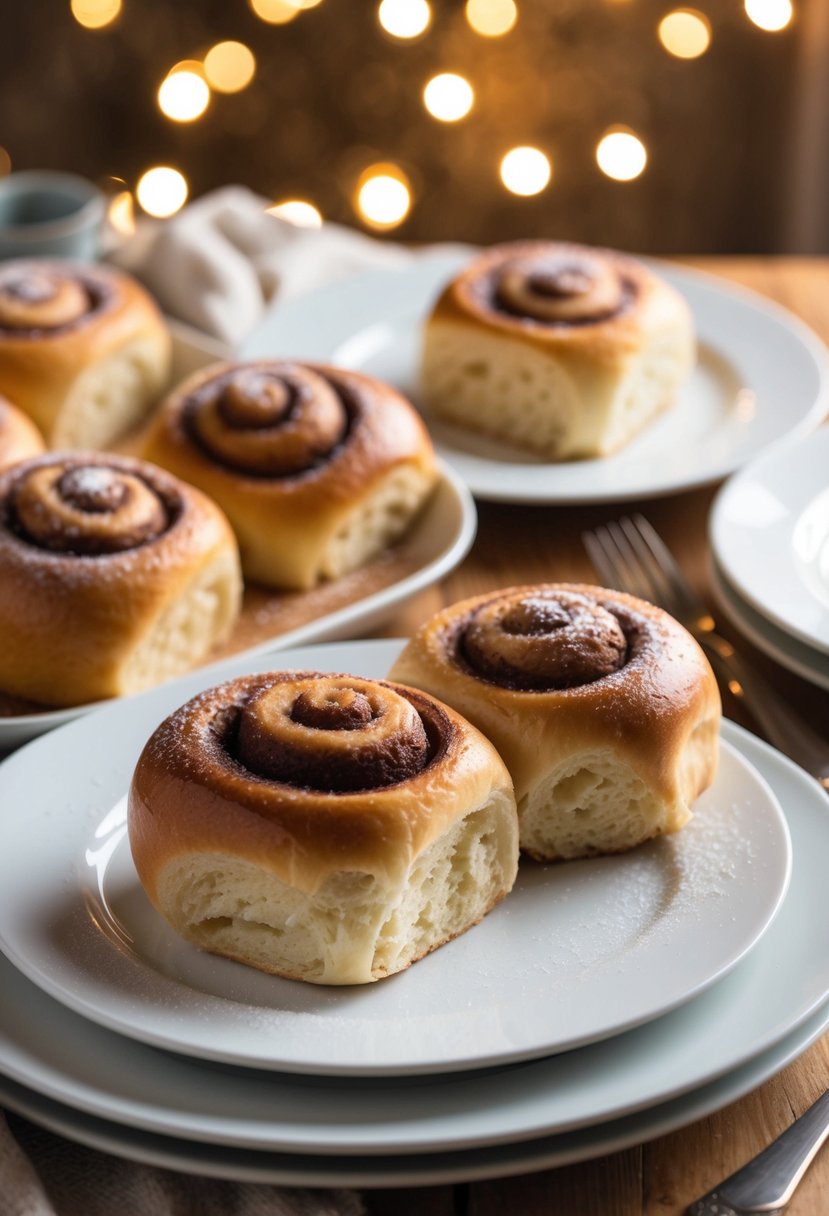 A table set with freshly baked cinnamon rolls, sprinkled with sugar and cinnamon, surrounded by a warm, inviting atmosphere