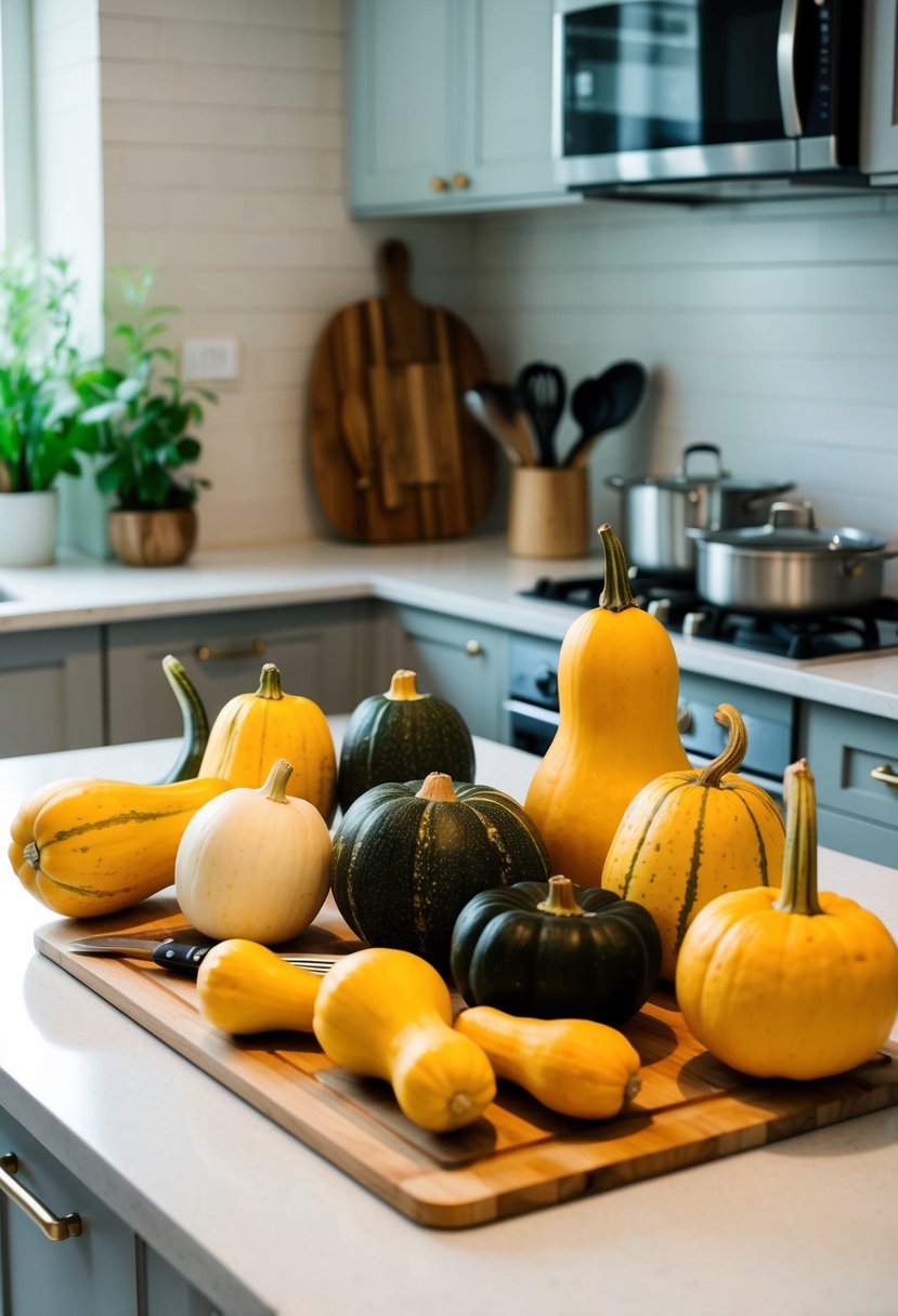 A kitchen counter with various types of squash, a cutting board, and cooking utensils