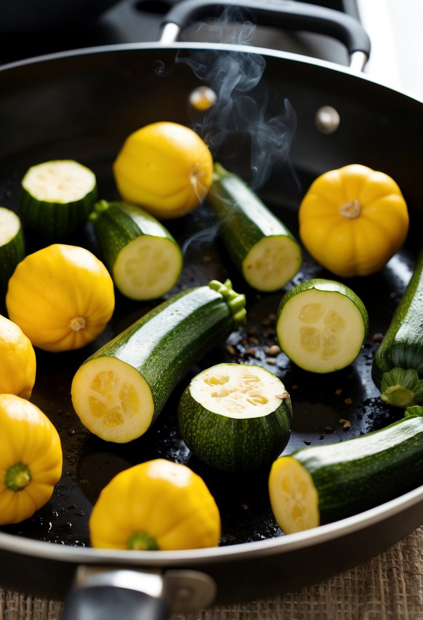 Fresh zucchini and yellow squash sizzling in a hot skillet, releasing a mouthwatering aroma