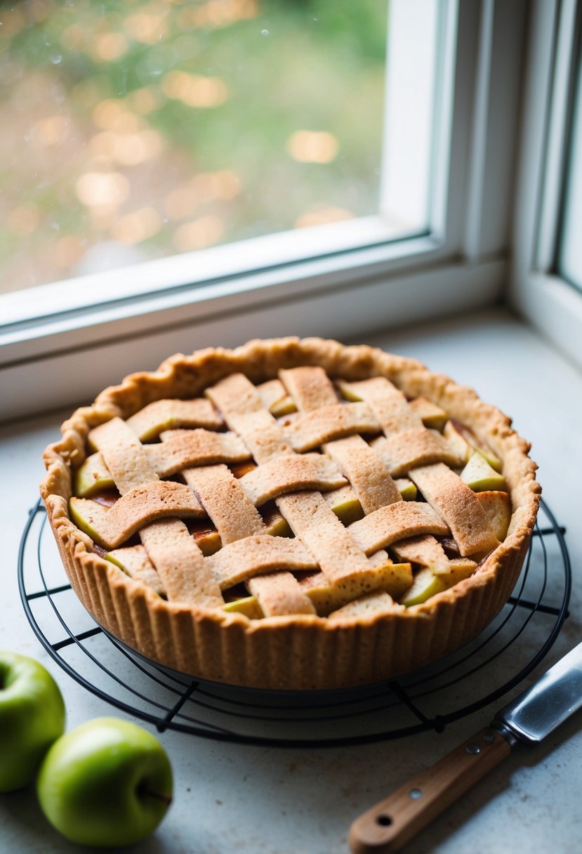 A rustic apple cheesecake pie cooling on a windowsill, with a lattice crust and a sprinkle of cinnamon on top