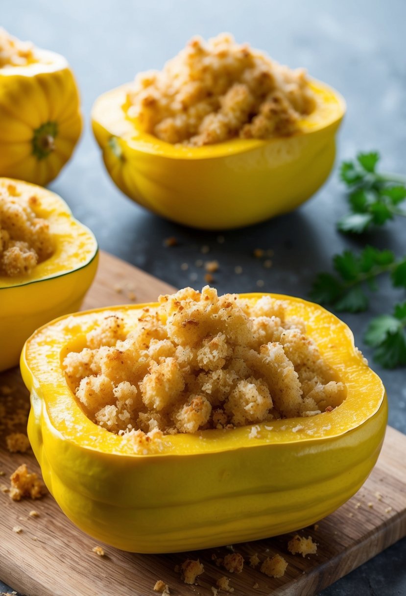 A golden yellow squash topped with crispy panko crumbs, resting on a rustic wooden cutting board