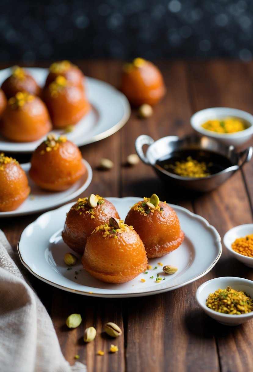 A table set with golden-brown gulab jamun, garnished with pistachios and served with a side of saffron-infused syrup