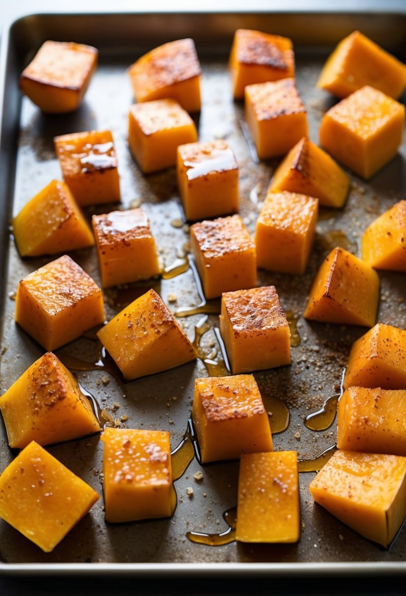 A butternut squash cut into cubes, sprinkled with cinnamon and drizzled with maple syrup, roasting on a baking sheet in the oven