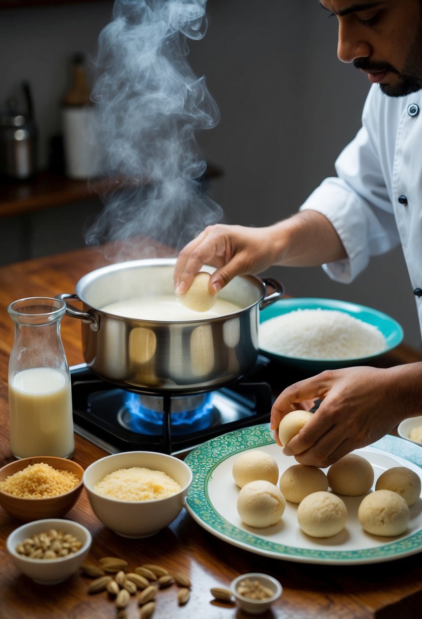 A table set with ingredients like milk, sugar, and cardamom. A pot simmering on a stove, with steam rising. A chef shaping round balls of dough