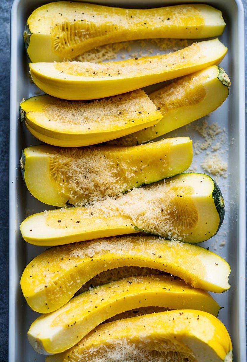 Fresh yellow squash, sliced and seasoned, arranged in a baking dish. A sprinkle of breadcrumbs and grated cheese on top