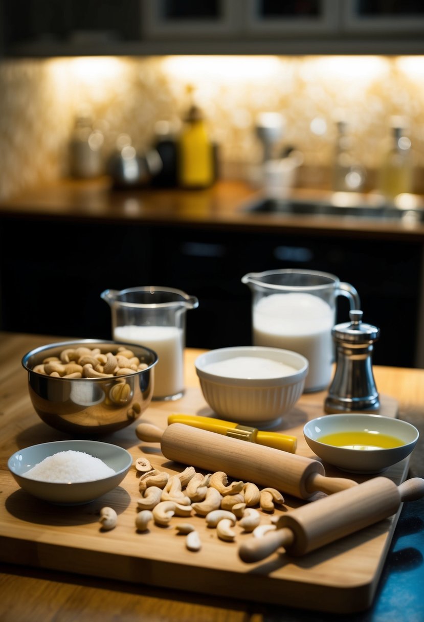 A kitchen counter with ingredients and utensils for making Kaju Katli, including cashews, sugar, ghee, and a rolling pin