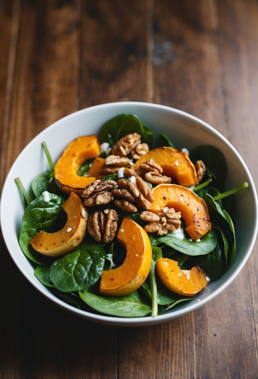 A bowl of spinach salad topped with roasted butternut squash, walnuts, and a drizzle of vinaigrette on a wooden table