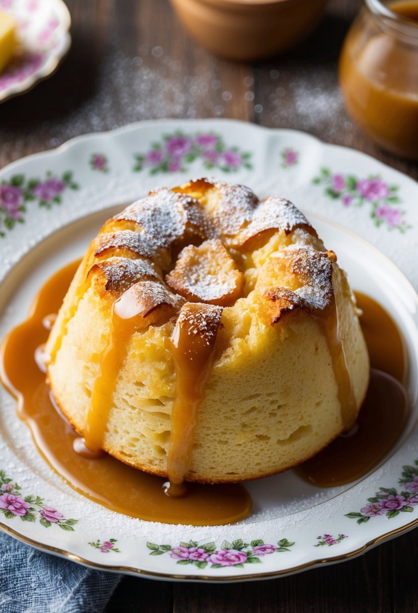 A golden, crispy-topped bread pudding sits on a vintage porcelain plate, surrounded by a dusting of powdered sugar and a drizzle of caramel sauce