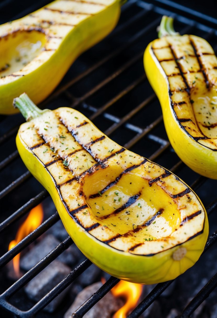 Fresh summer squash on a hot grill, with charred grill marks and a sprinkle of seasoning