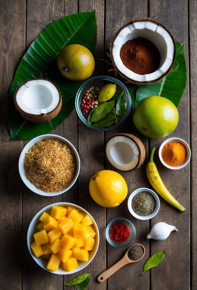 A colorful array of Sri Lankan ingredients - coconut, curry leaves, spices, and tropical fruits - laid out on a rustic wooden table