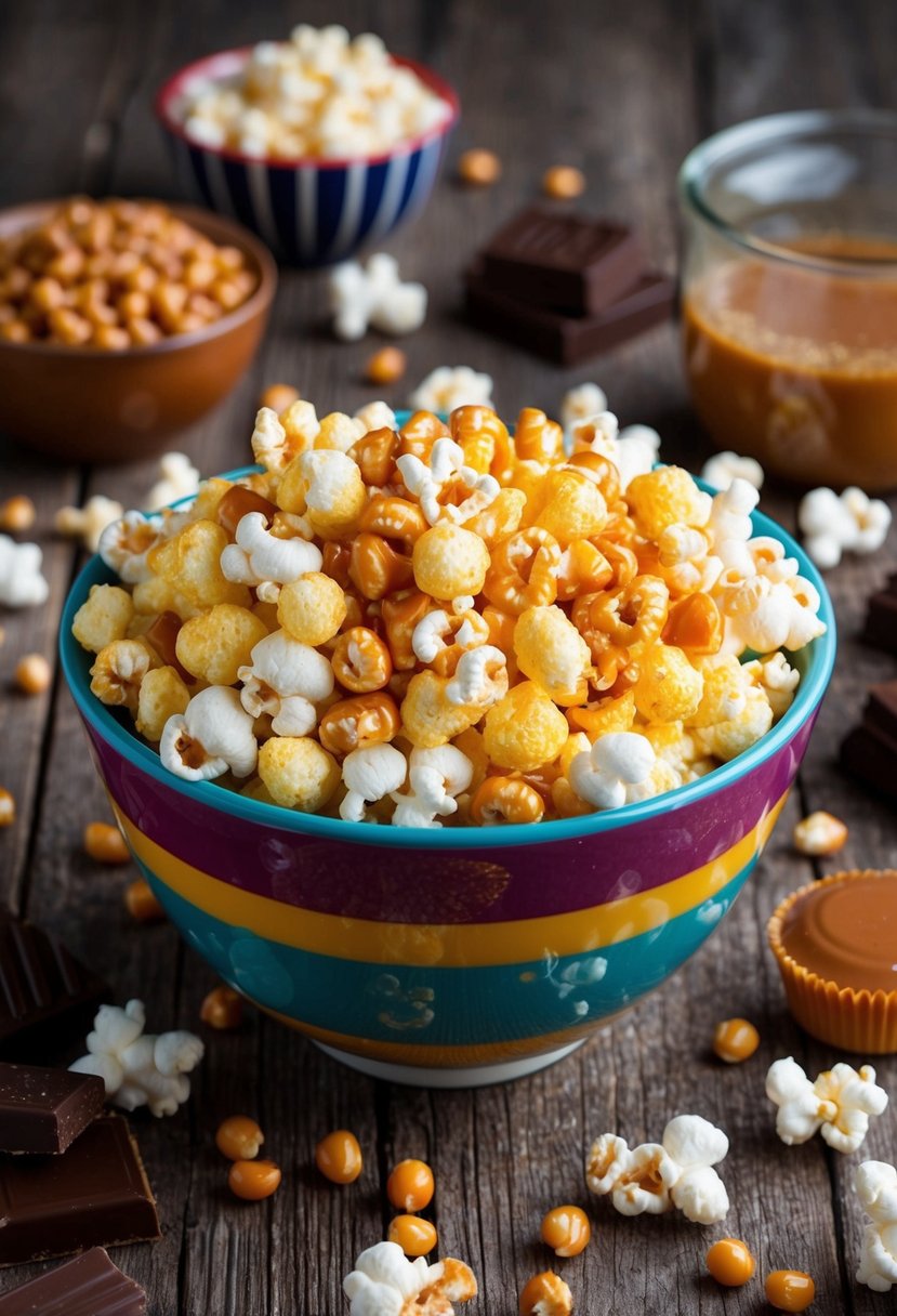 A colorful bowl of candied popcorn sits on a rustic wooden table, surrounded by scattered popcorn kernels and a variety of sweet ingredients like sugar, caramel, and chocolate