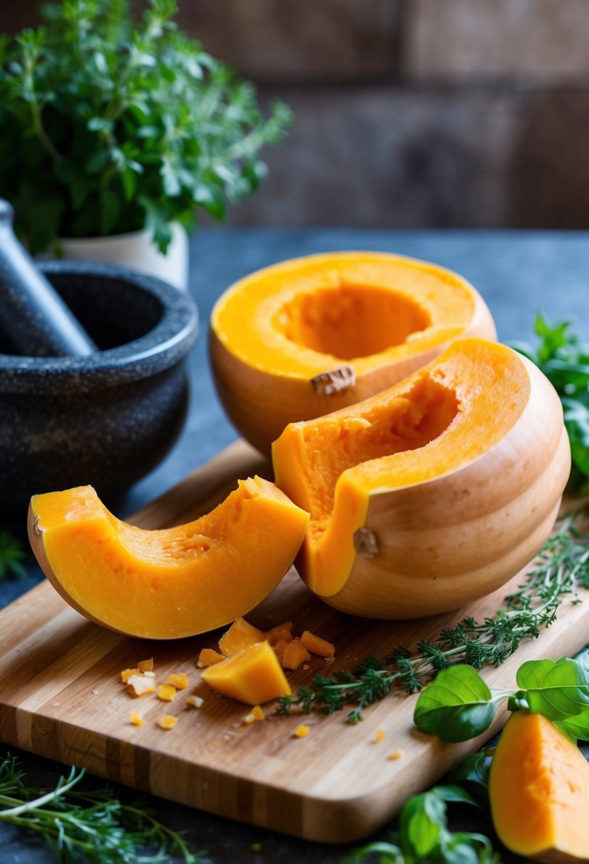 A ripe butternut squash being peeled and chopped on a wooden cutting board, surrounded by fresh herbs and a mortar and pestle